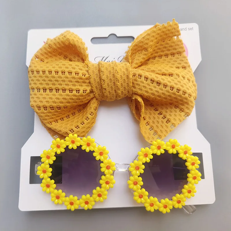 Daisy Flower Sunglasses With Elastic Nylon Baby Headband Bohemia Beach Seaside Sun Glasses Kids Puff Bow Headwear