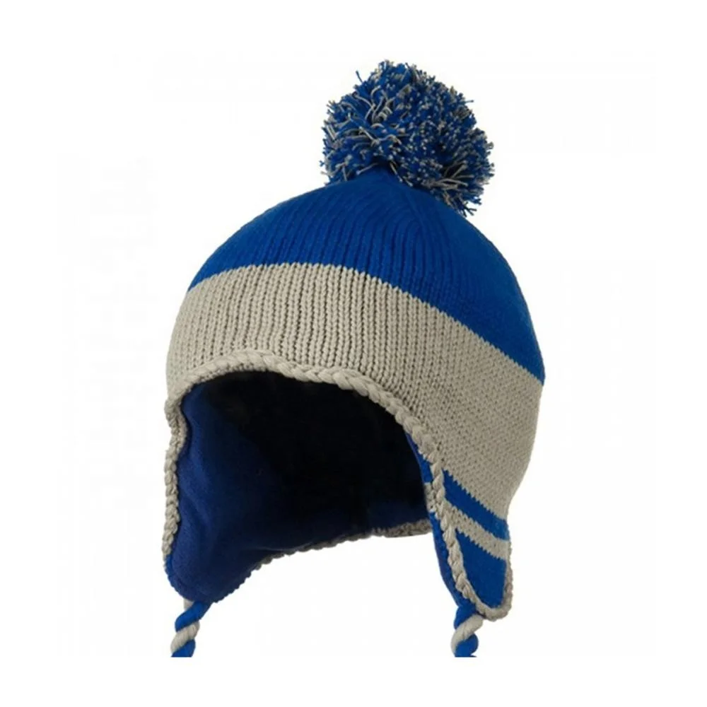 Перуанский Стиль Вязаный ушной клапан Лыжная Шапка темно-бордовый серый хлопок акриловый помпон теплая зимняя шапка оптовая продажа