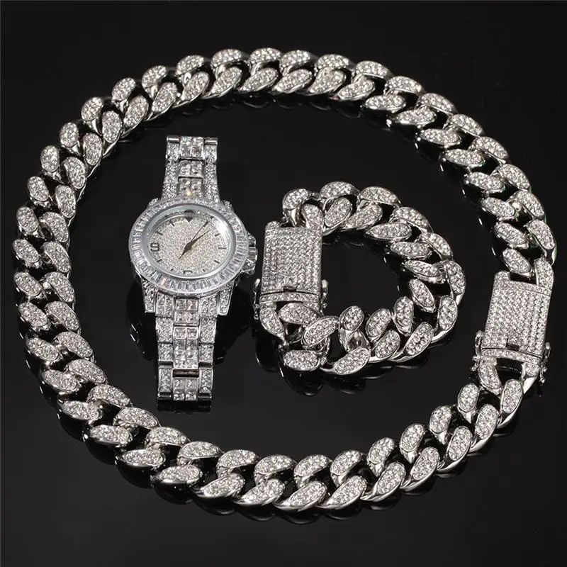 2021 Cuban Chain Necklace Bracelet Watch Jewelry Set Iced Out Hip Hop Jewelry For Men