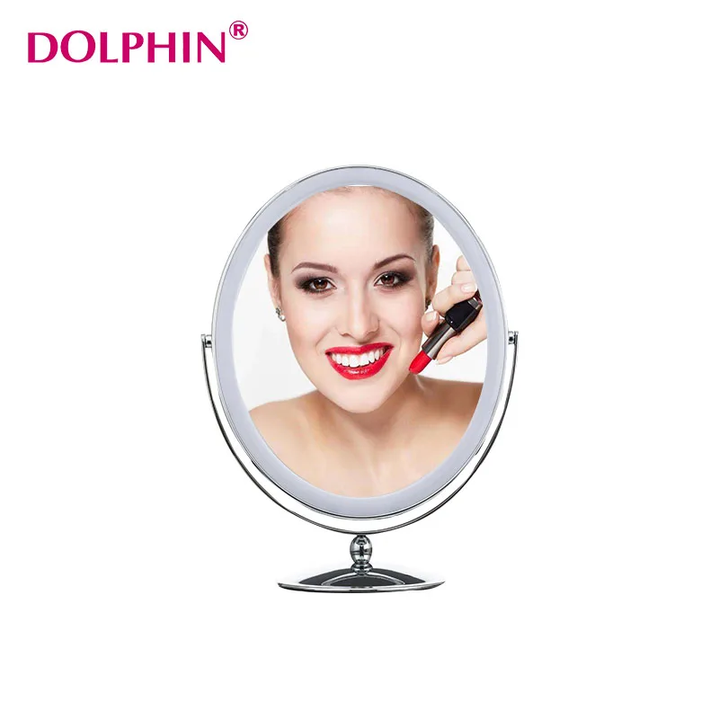 Овальная форма настольное металлическое зеркало Двухстороннее освещенное зеркало для макияжа полированное
