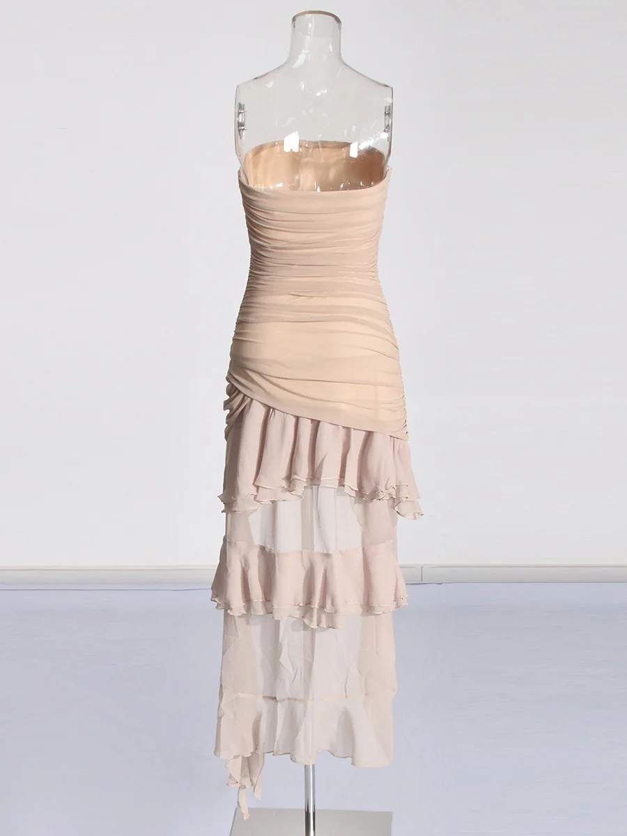 Sexy Socialite style party dress 2024 Summer new tube chest closed waist ruffled open back irregular dress
