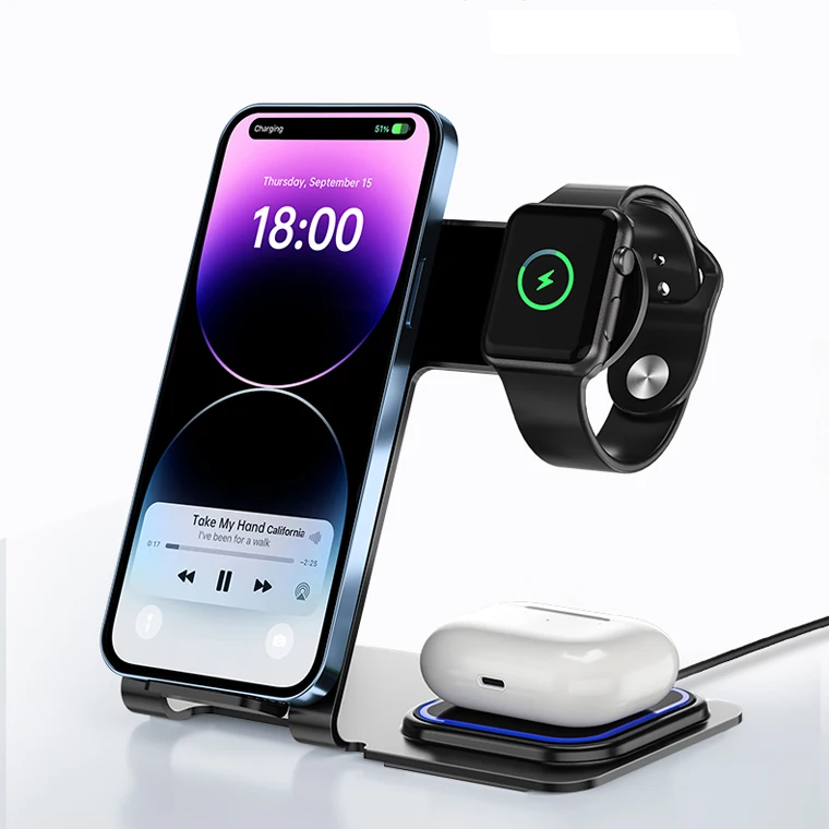 Aircraft-grade aluminium Super thin wireless charging stand 15W fast charging 3 in 1 wireless charger Station
