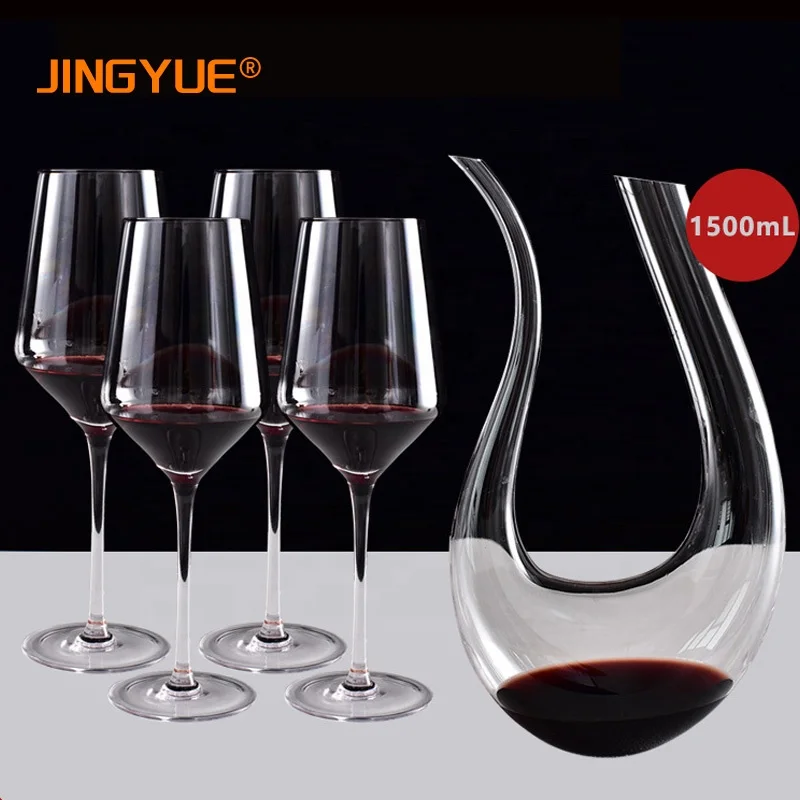 Wholesale 1500ml 50oz Hotel Home Elegant Hand Blown Clear Crystal U Shape Wine Decanter Set with 4 glasses For Vodka Tequila