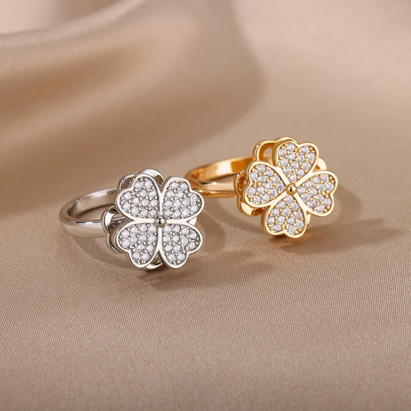 18k Gold plated anxiety and stress ring Women openable mood tracker stress rings four leaf flower anti-stress spinning rings