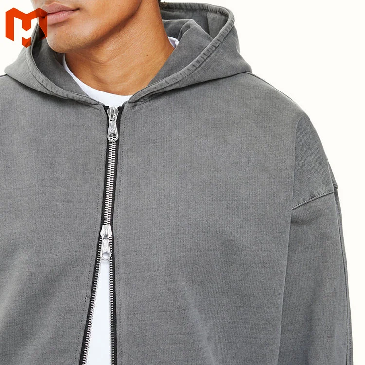 Men Customized OEM High Quality Custom Fleece Acid Washed Full Zipped Jacket Men Long Sleeve Double Side Zipped Up Hoodie