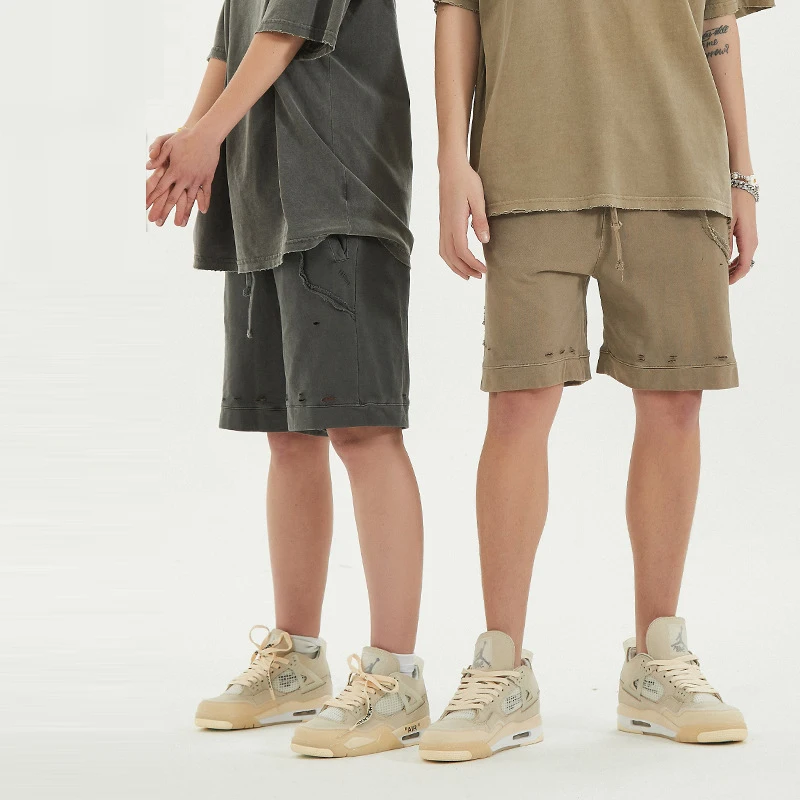 Lcool custom streetwear t shirt blank heavyweight washed oversize shorts sets men t shirt set