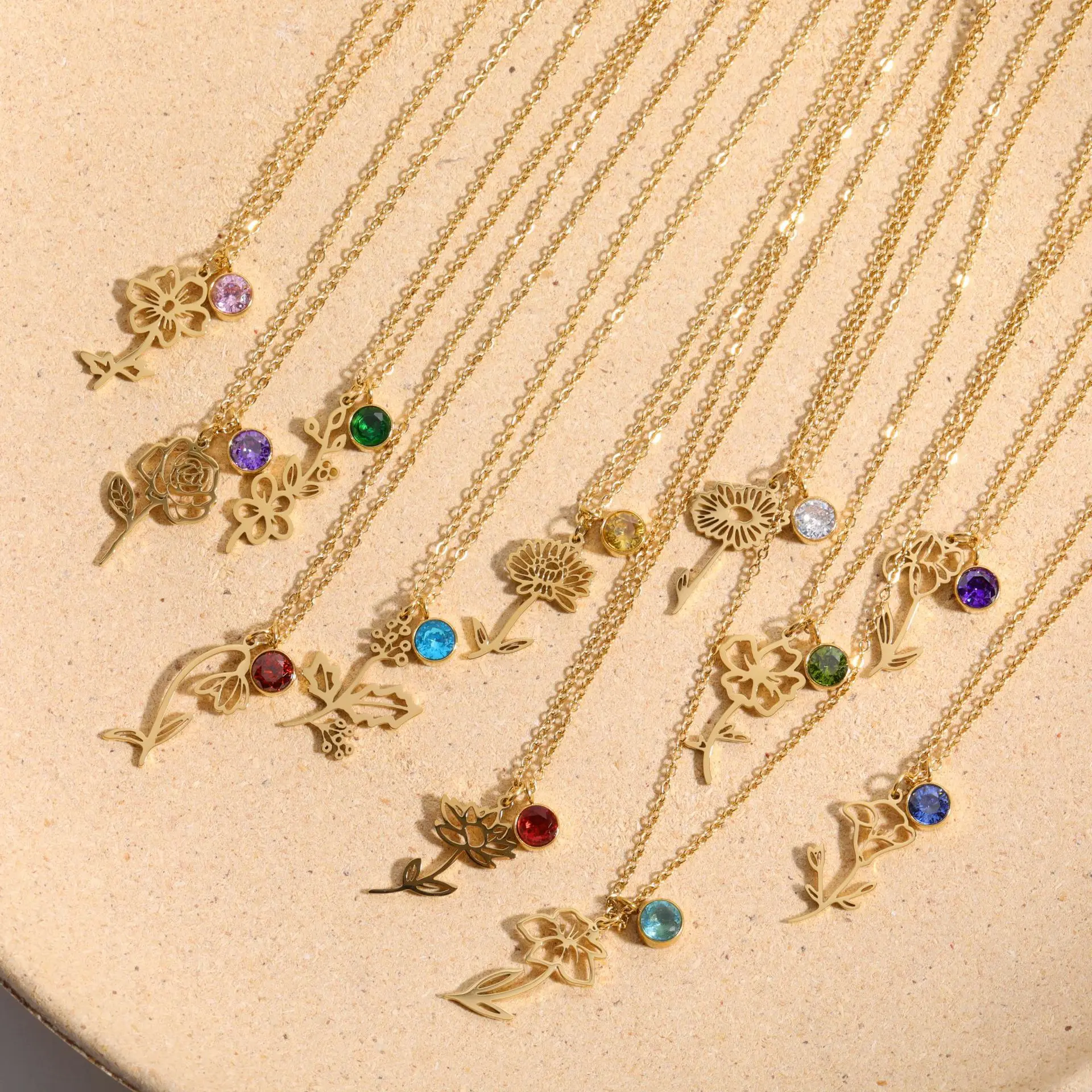 Wholesale PVD 18K Gold Plated Stainless Steel Non Tarnish Free Jewelry 12 Month Birthstone Flower necklace bracelet jewelry set