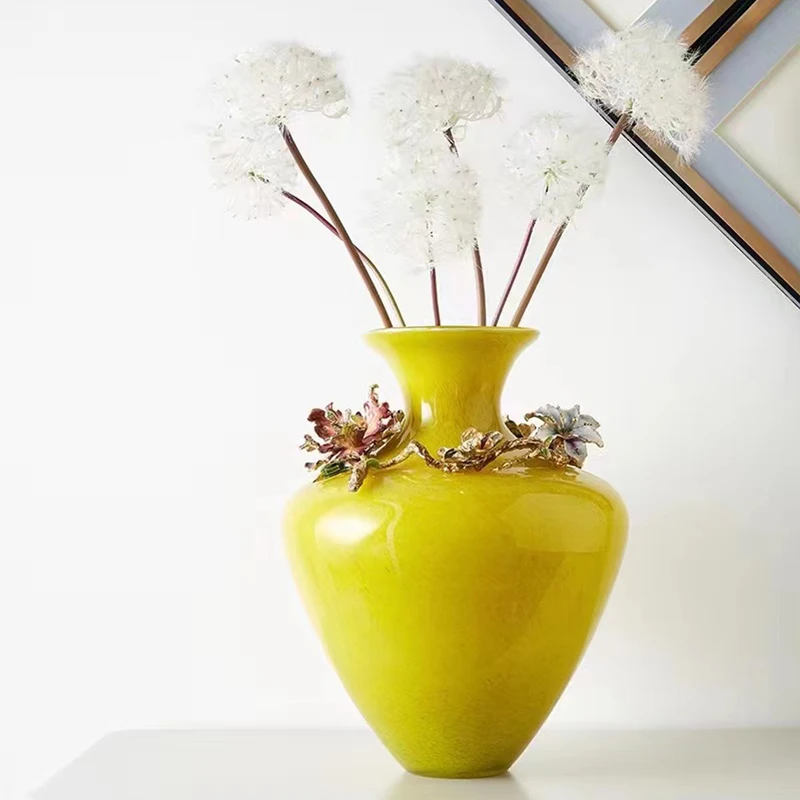 SANLOREN Kitchen Accessories OEM modern luxury home decor enamel yellow flower colored glass vase for home table decorative vase