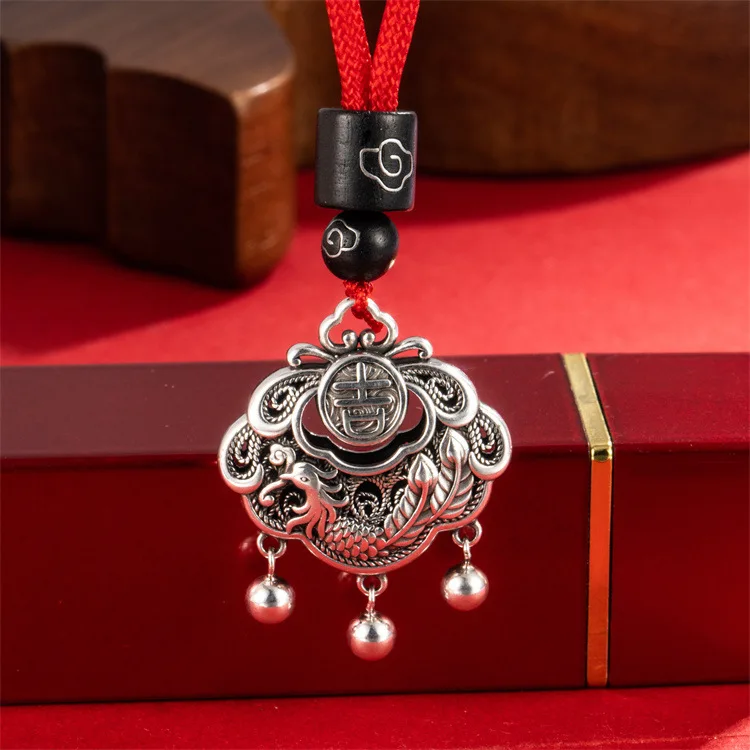 Chinese style s999 silver ancient style auspicious Phoenix lock pendant retro Xiangyun hollowed out Ruyi peace lock