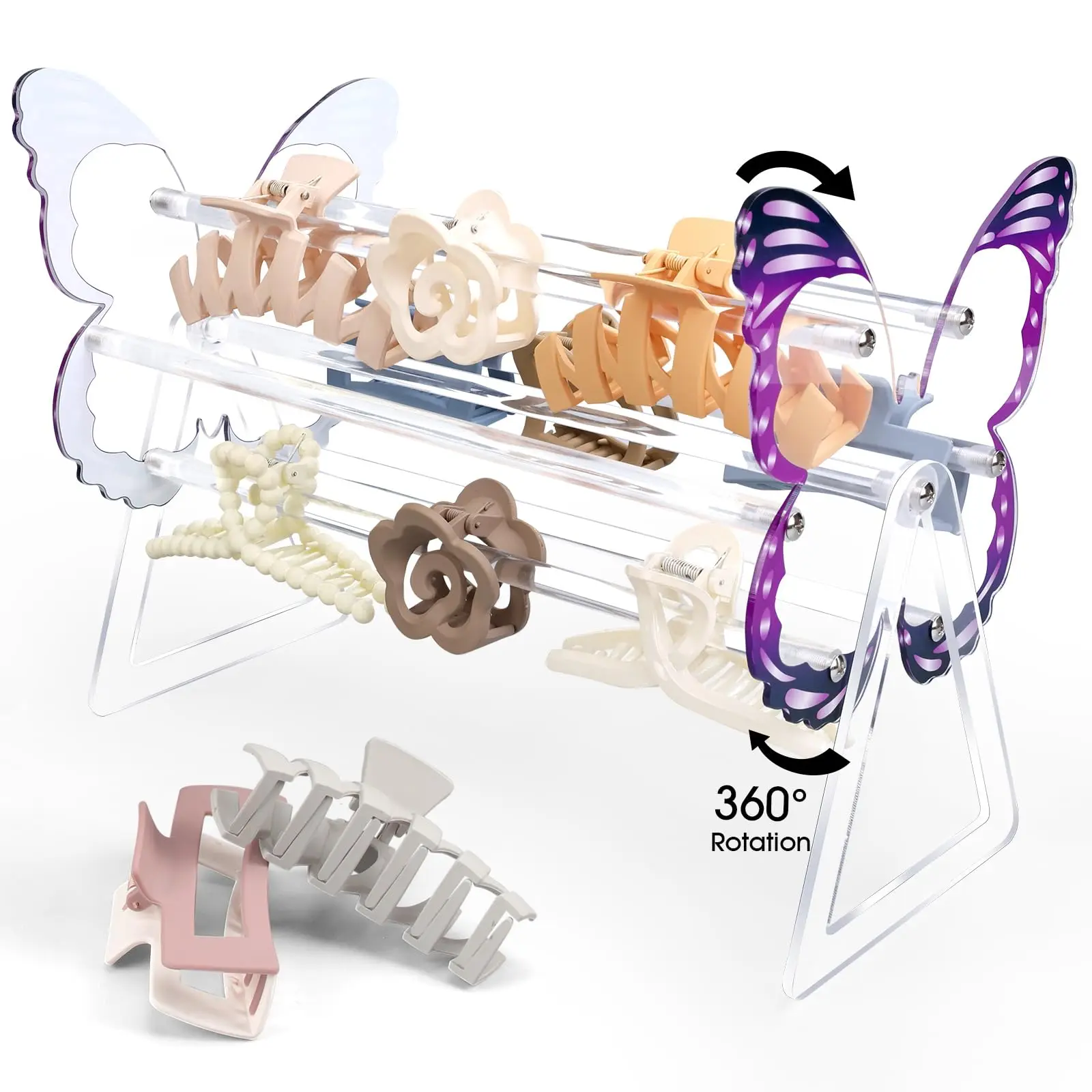 Colorful butterfly 360-Degree Rotating Claw Clip Holder and Storage,Acrylic Hair Clip Organizer Display Clear Stand
