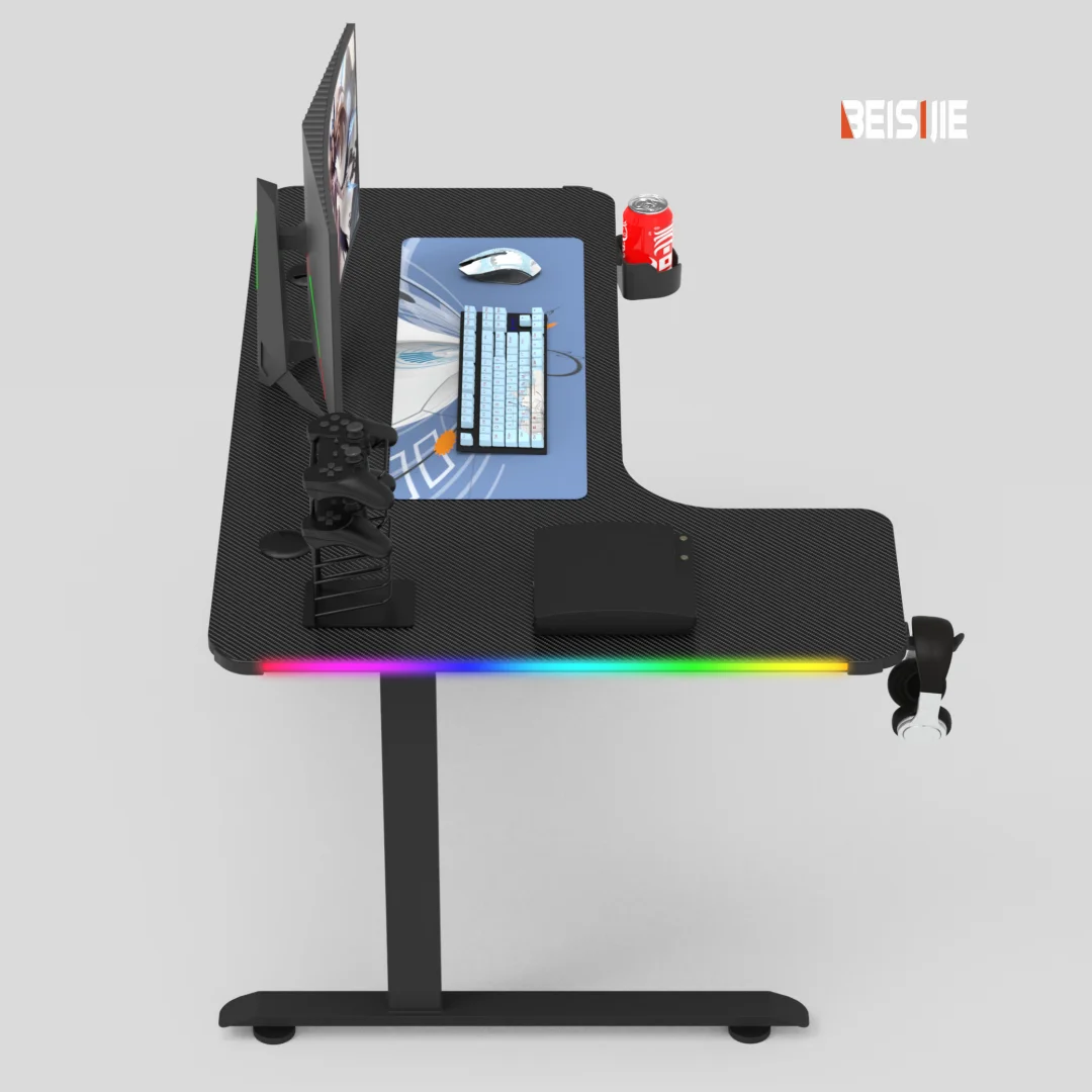 Современный L-образный игровой стол с динамическим освещением RGB и эргономичным дизайном поверхности из углеродного волокна модельный L-L