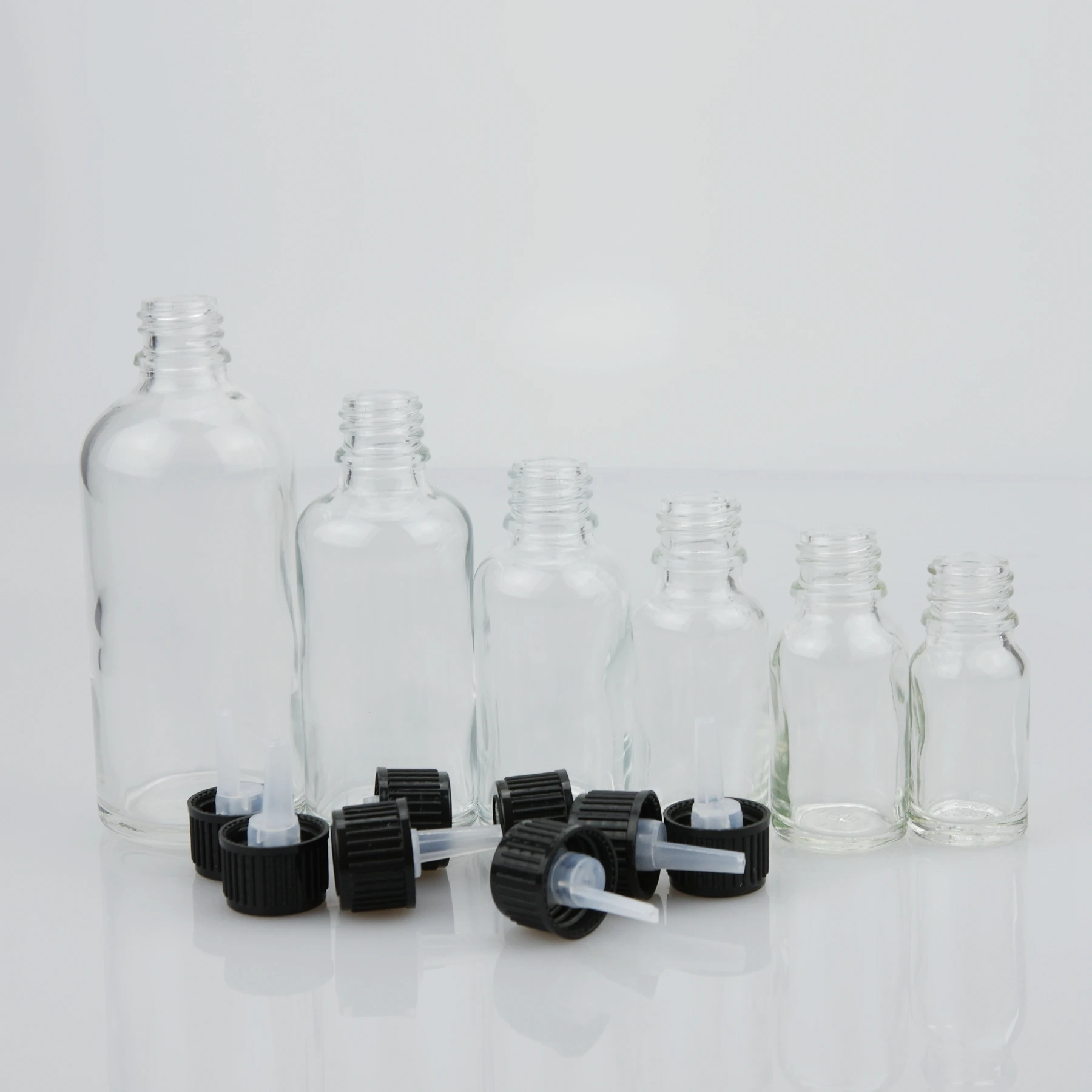 Non Spill 5ml 10ml 15ml 20ml 30ml 50ml 100ml Clear Blue Amber Green essential oil  bottle with 18/415 plastic screw cap