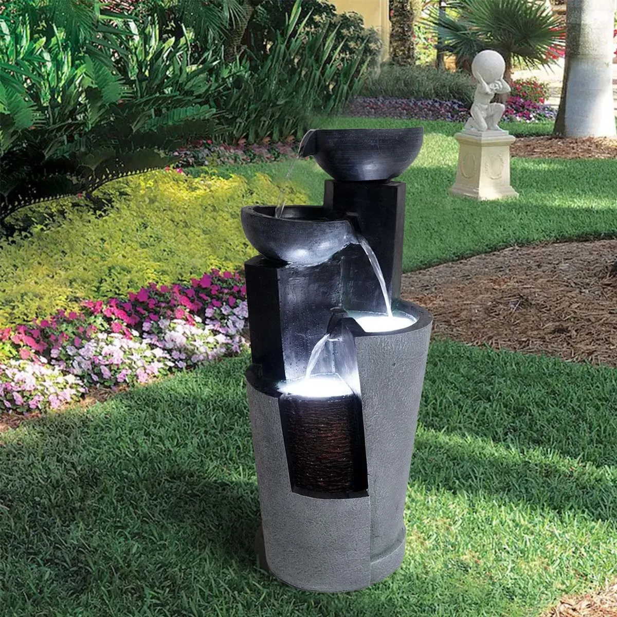 4 layer bowl water fountain feature cascading waterfall solar garden fountain decor