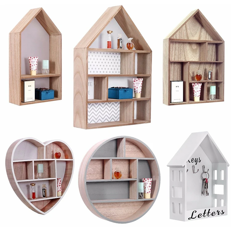 Display heart shape grid storage wall shelves wooden Rustic Brown Display Storage Wall Mounted Bookshelf Wooden Floating Shelves