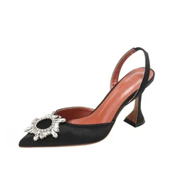 2022 New Pointed Rhinestone High Heel Sandals Satin Sexy Sun Flower Buckle High Heels Women High heels Party Wedding Shoes