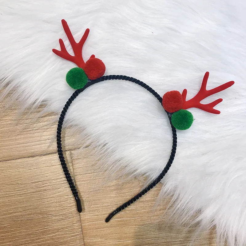 Christmas Super Cute Girl Three-color Small Antler Hair Clips And Headband With Red Green Hairballs