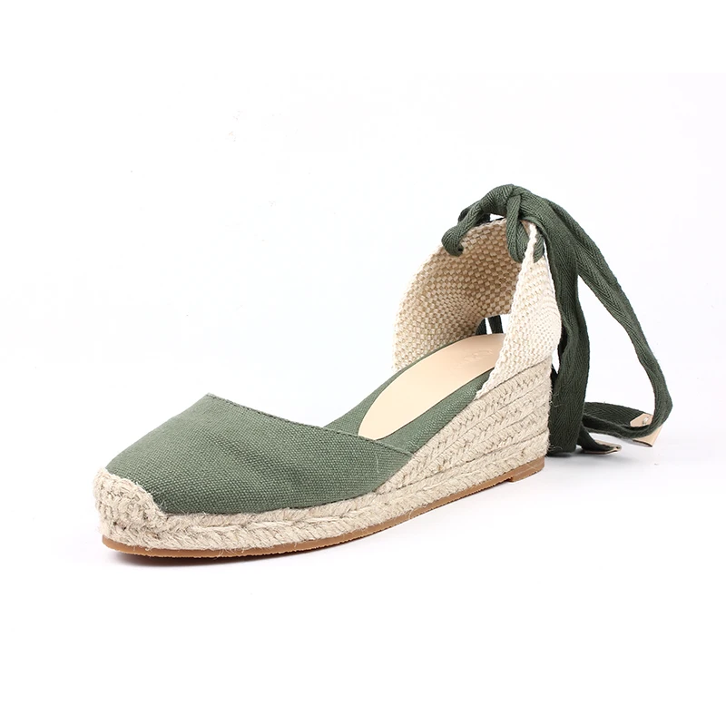 Cap Toe Ankle Strap Flax Hemp Cotton Fabric Platform Espadrilles Ladies Wedge Sandals
