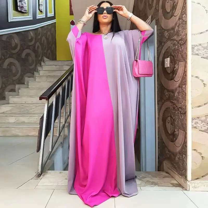 2022 fashion free size two tone maxi dress  women muslim dress short sleeve kaftan style loose robes islamic clothing