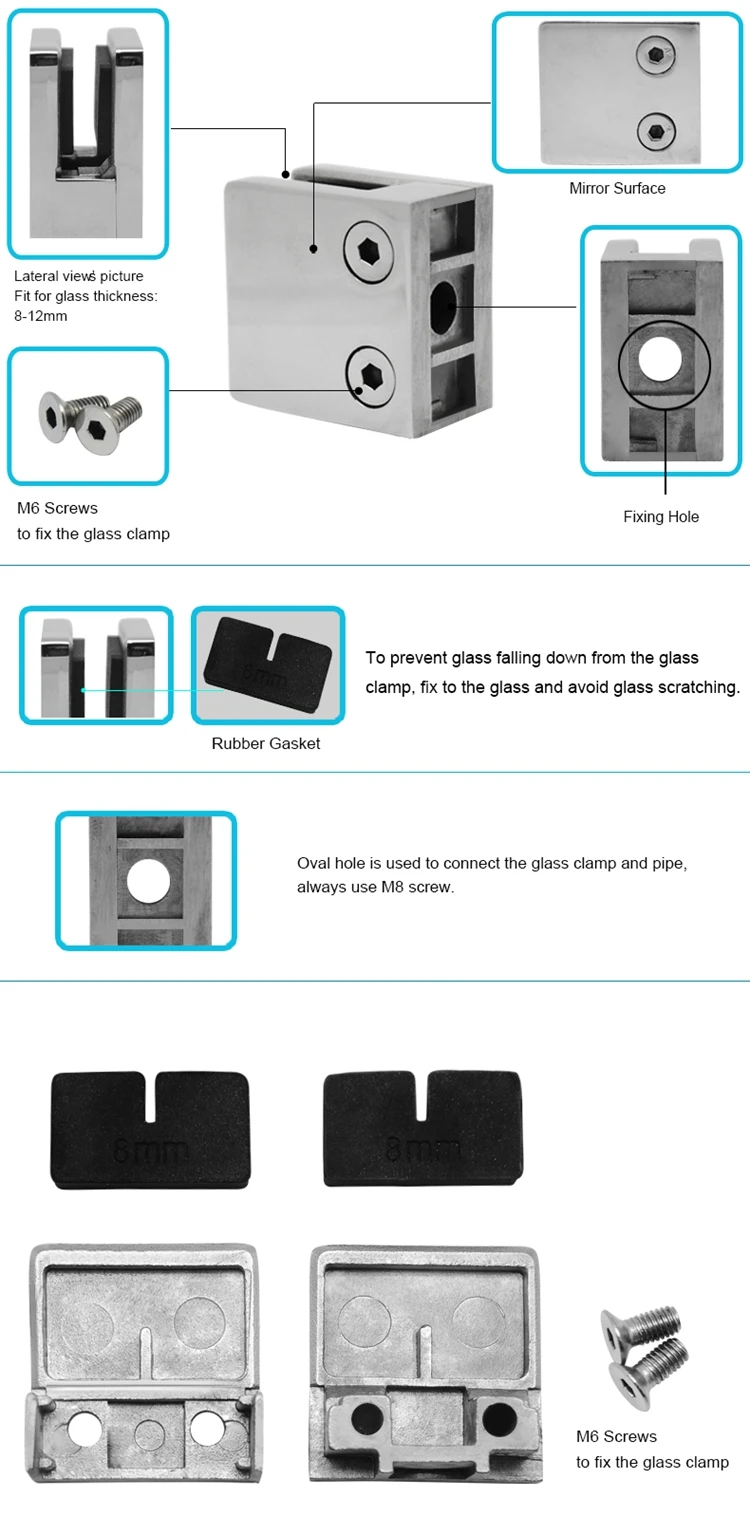 Top Sell Stainless Steel  Glass Clamp Zinc Glass Clamp For Square Tube