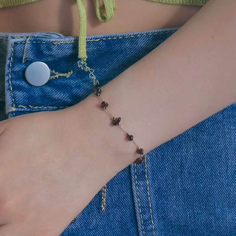 New Natural Stone Rose Quartz Tiger Eye Beads Bracelet Gold Plated Stainless Steel Chain Crushed Natural Stone Bracelet