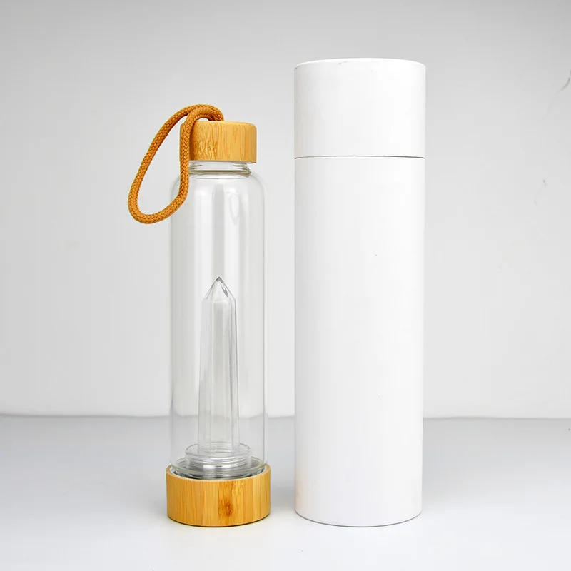 Natural Healing Gemstone Glass Drinking Water Bottle Bamboo Lid Crystal Infused Water Bottle