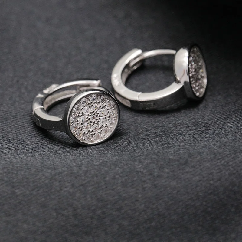 Simple set full CZ Zircon round disc earrings for women 925 sterling silver coin piercing earrings