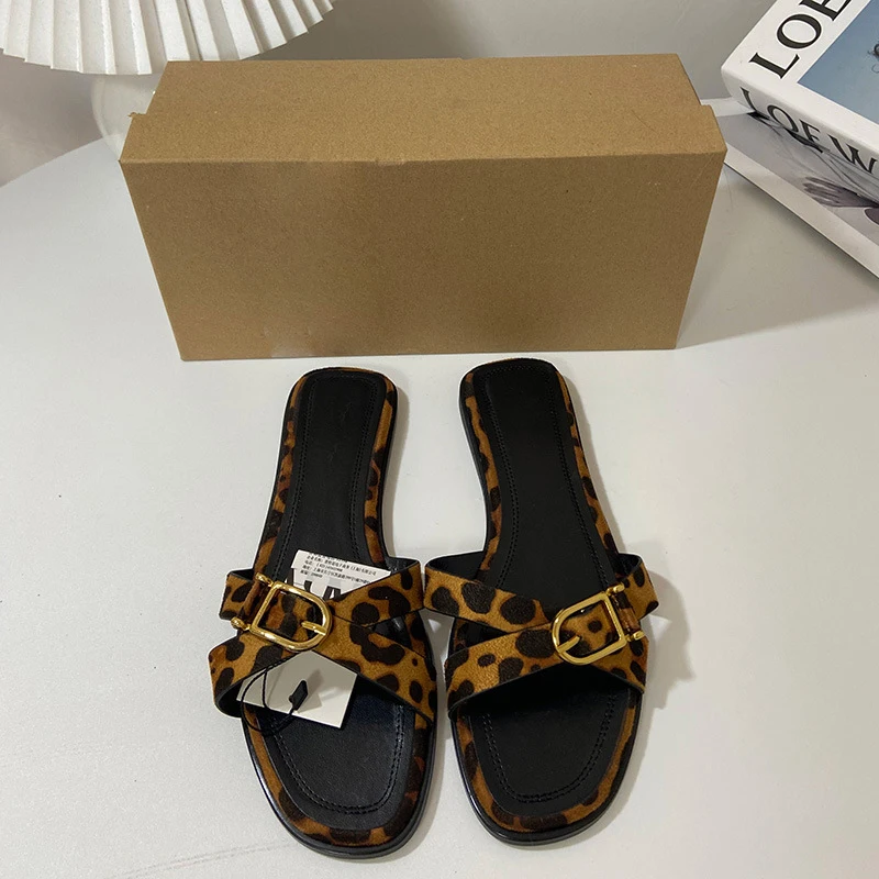 Summer Female Flat Cross-strap Versatile Square-toe Slippers Open-toe Flip-flops Flat Sandals Women Lazy SlidesTraveling Shoe