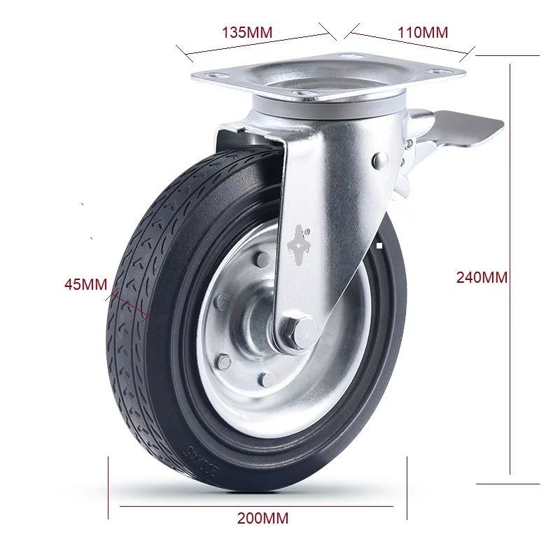 8 Inch 200mm load-bearing wear-resisting heavy duty rubber caster and wheel for waste bin with brake