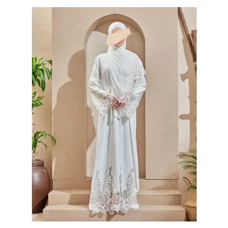 SIPO Latest Design White Lace Kaftan Abaya Islamic Clothing Dubai Turkish Style Abaya Muslim Dress Solid Color