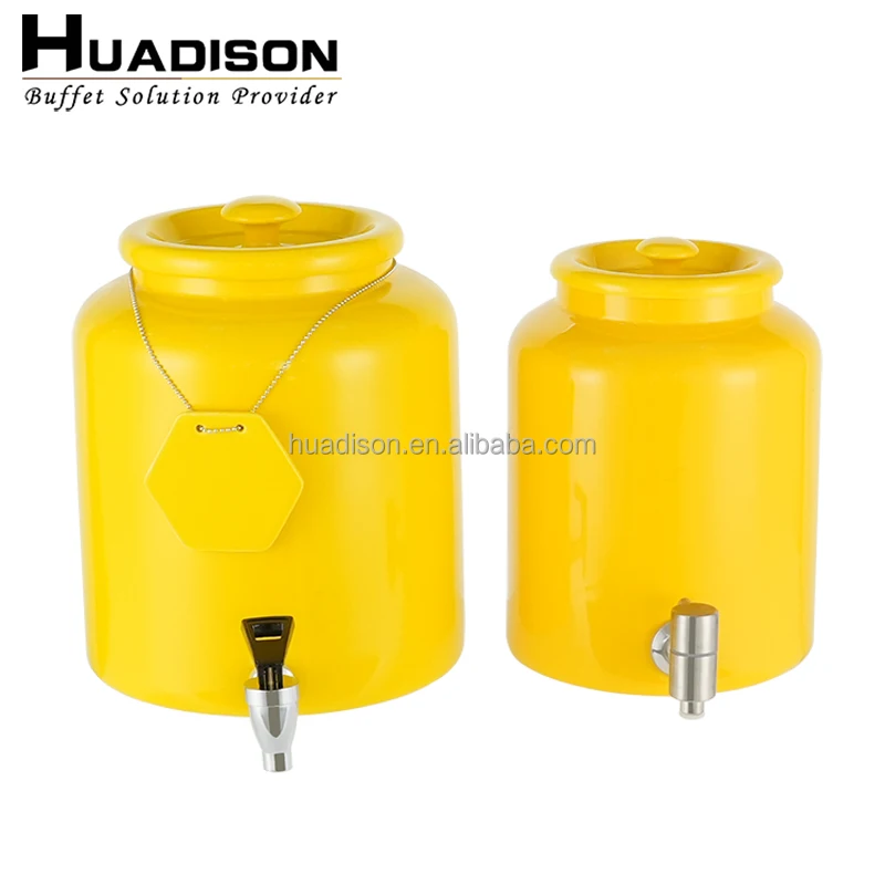 Huadison Factory produces yellow ceramic juice milk dispenser with rose gold electric heating base