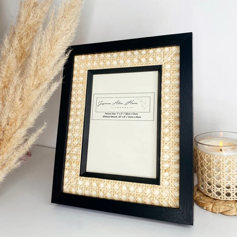 Handmade Caning woven Rattan Picture Frame Matte Black Rattan Photo Frame