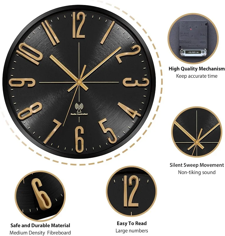 12 inch Modern simple metal luxury 3D number Radio Control Wall Clock  silent round black custom atomic aluminum clock