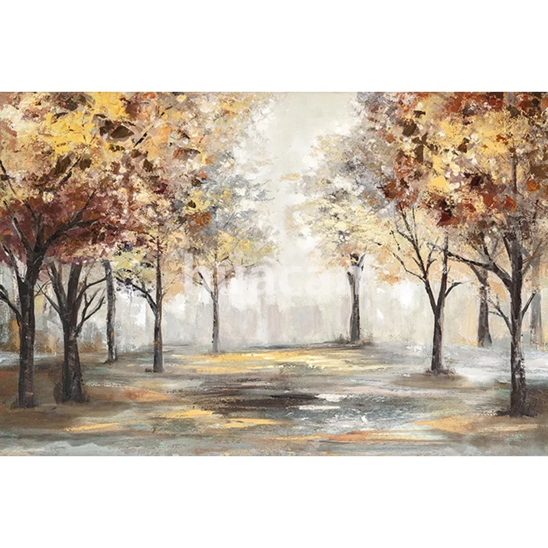Huacan Framed Handmade Oil Painting On Canvas Autumn Trees Artwork Custom Landscape Drawing Wall Art For Living Room