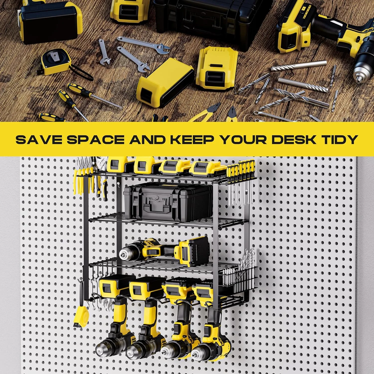 Power Tool Organizer Wall Mount 4 Tier Heavy Duty Metal Shelf Rack for Dewalt Tools Screwdrivers Pliers and 4 Drill Racks Garage
