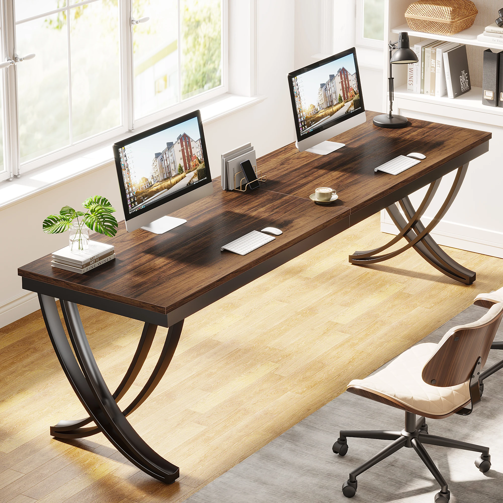Tribesigns Hot Wooden Rectangle Two Person Desk Industrial Double Computer Desk with Metal Frame Tables