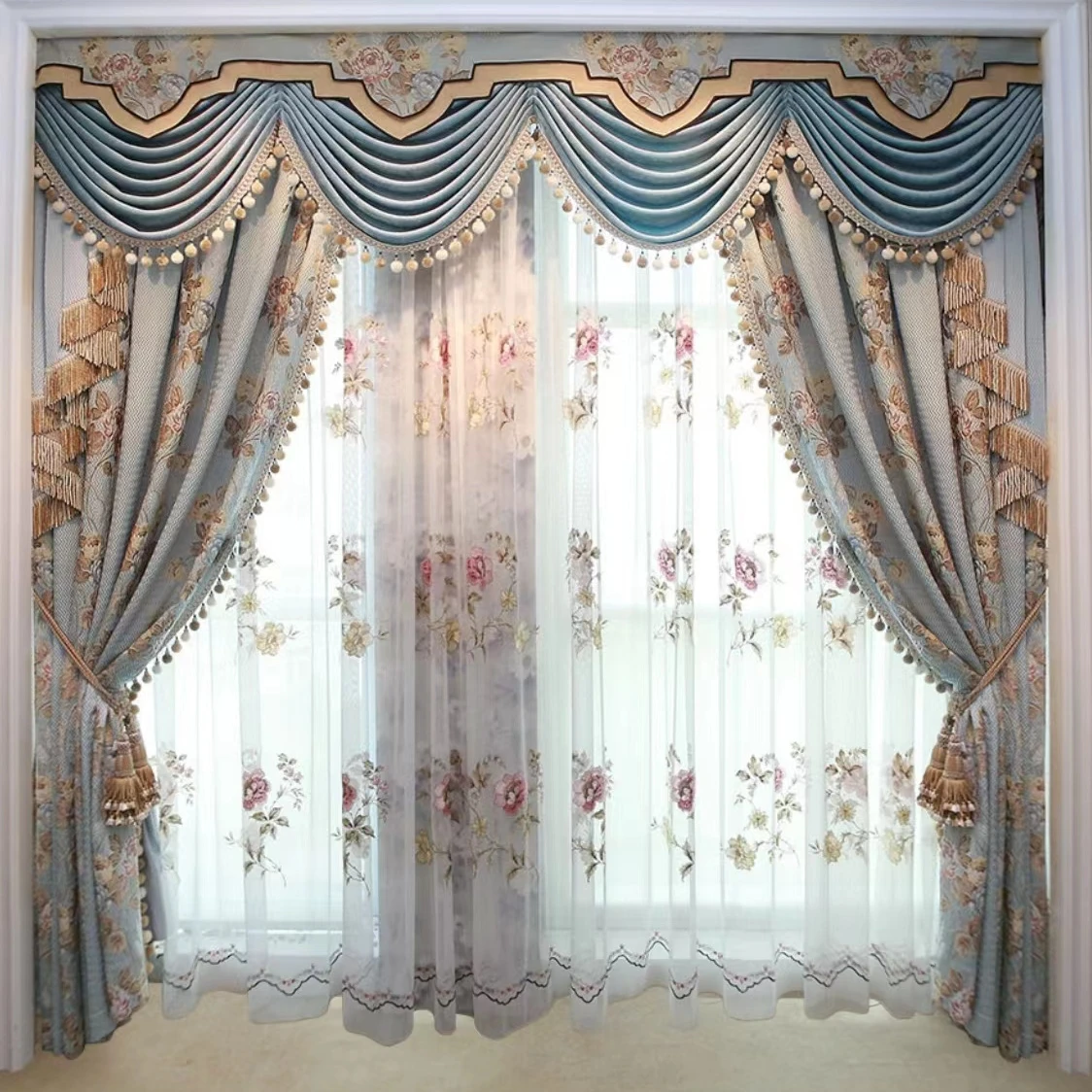 French style Classical Curtains Living Room Bedroom Latest Curtain Designs Luxury Chenille Blackout Blue Window Curtains