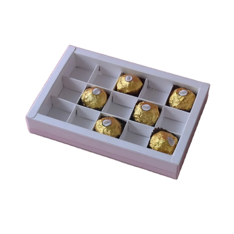 Cardboard compartment grid inner tray packaging grid chocolate praline paper food box with film transparent sleeve