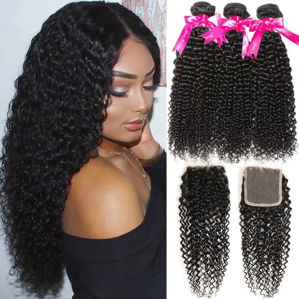 10A Kinky Curly Weave Real Human Hair Bundles with Closure Brazilian Curly 100% Unprocessed 12a Pack Hair 3 Bundles with Closure