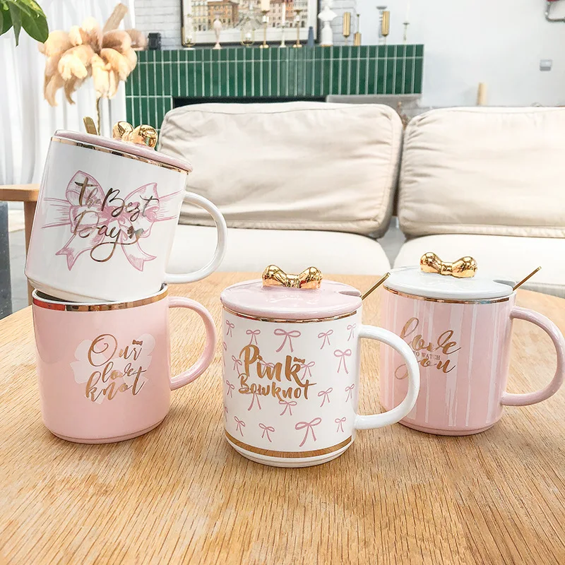 Feiyou wholesale custom 14oz golden edge cute bow porcelain cup personalized ceramic mug exquisite ceramic mug  christmas mugs