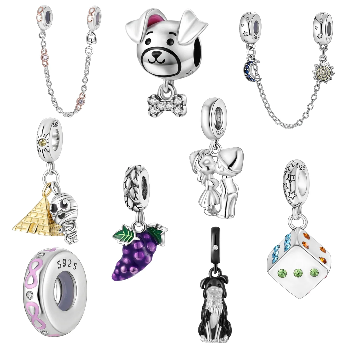Hot Fit Original Brand Charm Beads 925 Silver Safety chain Grape Pig Pyramid For Leather Bracelets Gifts Fashion Jewelry Making