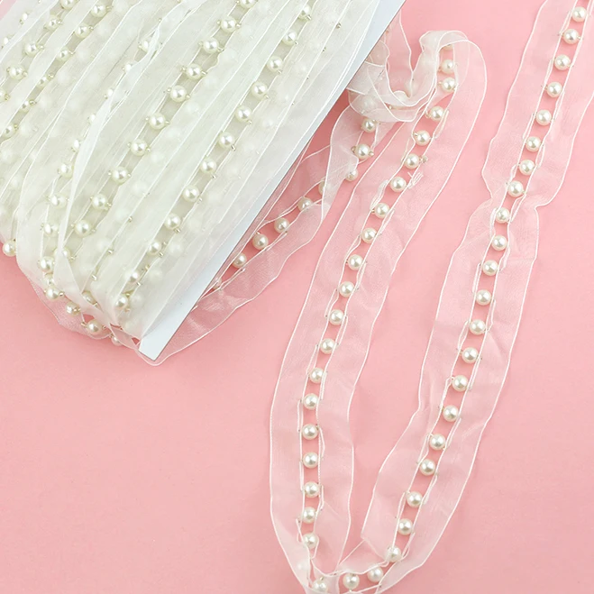 8mm white color pearls 4cm organza lace trims garment clothing dress home textile accessories