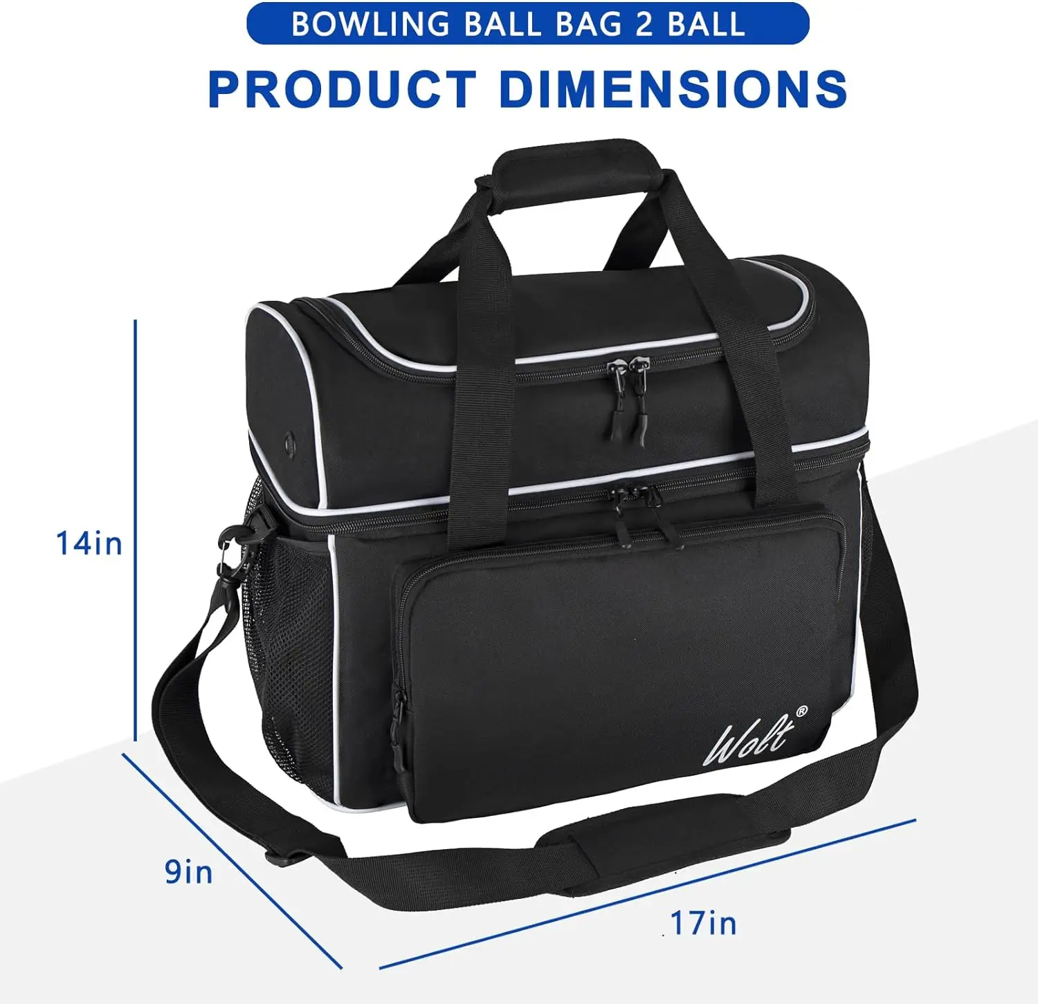 WOLT Bowling Ball Bag for 2 Balls with Padded Ball Holder- Fits Bowling Shoes bowling accessories