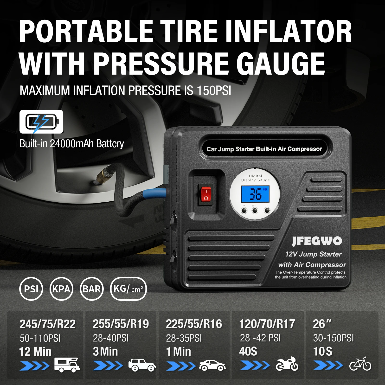 24000mAh Ultra Pro Car Portable 3000A Jump Starter Power Bank with 150PSI Air Pump & Digital Display for Tire Inflator
