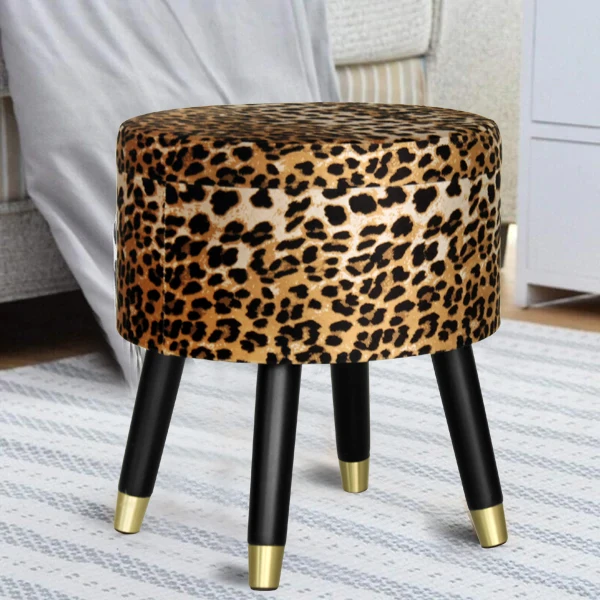Leopard Print Space Saving Velvet Storage Foot Pouf Ottoman Stool with Wooden Legs