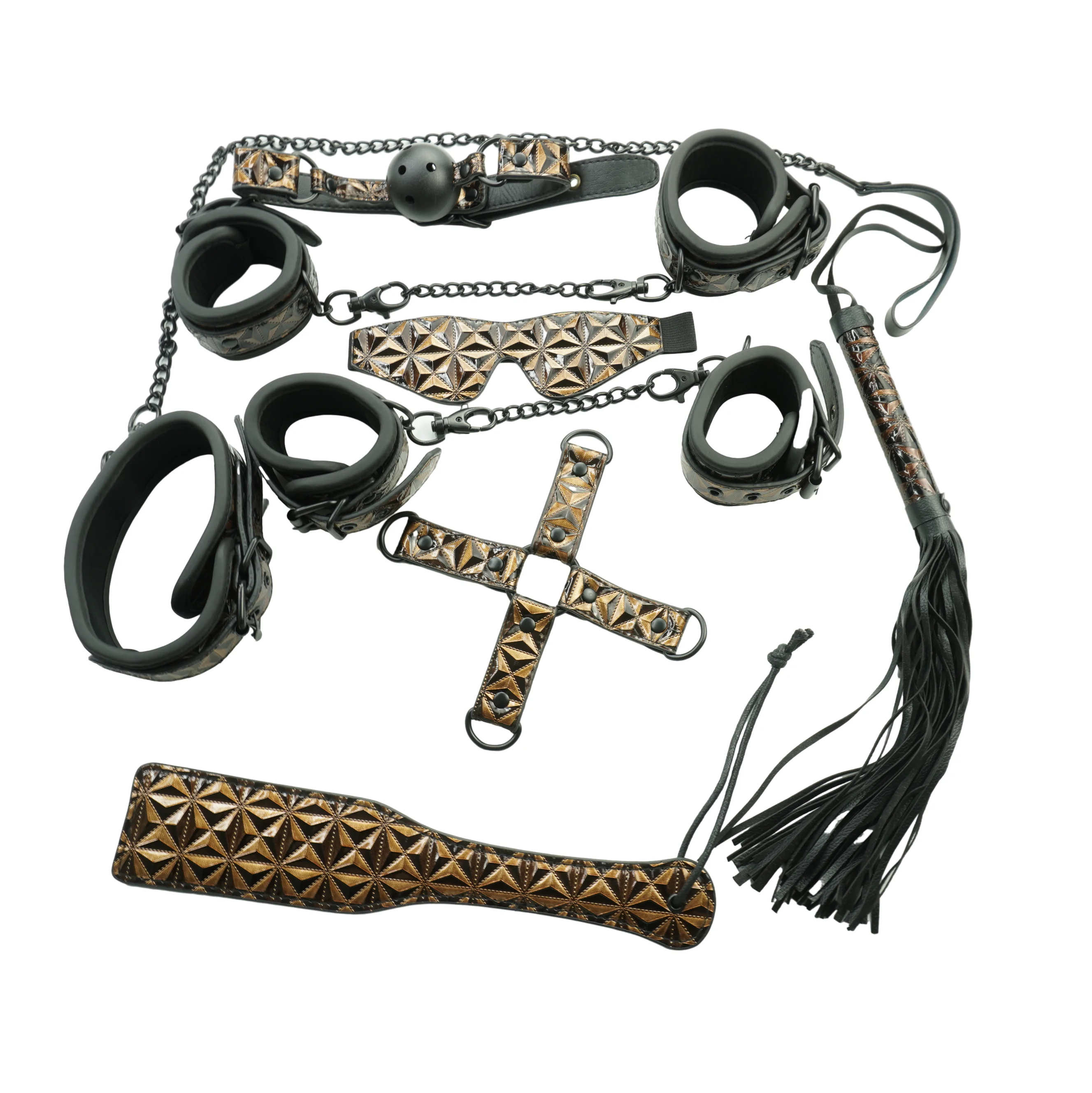 Custom Leather Sexual SM Products Blindfold Adult Mouth Gag Bondage Handcuffs Feet Cuffs Racket Tassel Whip And Chain Collar Set