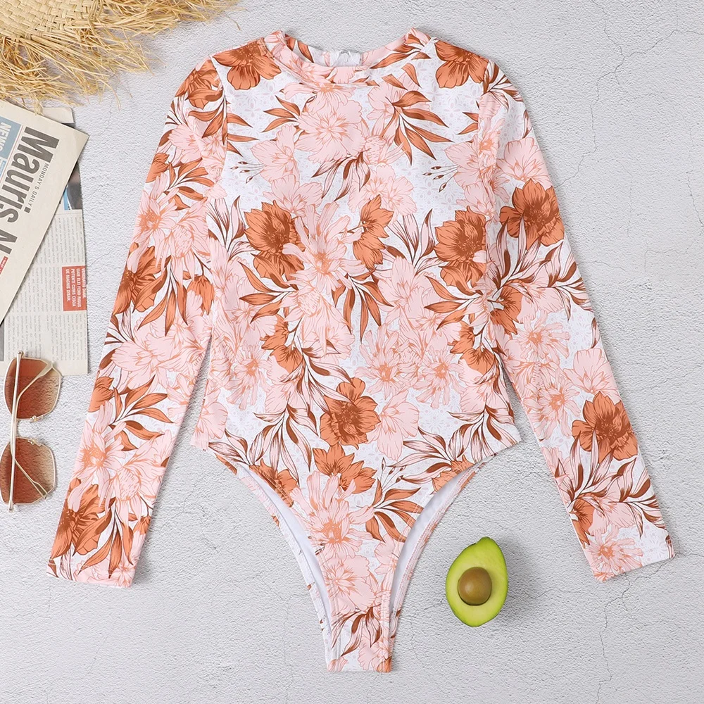 New Design Anti UV Sexy Swimming Surfing  Swimwear Printed Long Sleeve One Piece Women Beautiful Rash Guard