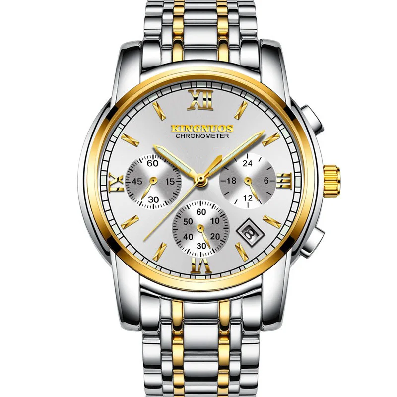 Часы мужские водонепроницаемые с ремешком из нержавеющей стали деловые немеханические тремя глазами и шестью иглами