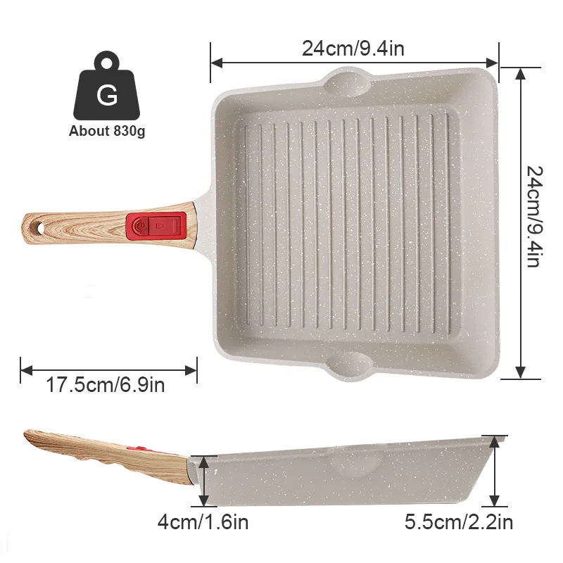 PFOA Free Non Toxic Non-stick Granite Grilling Pan Aluminum Square Grill Skillet 9.5 Inch Nonstick Grill Pan with Pour Spouts