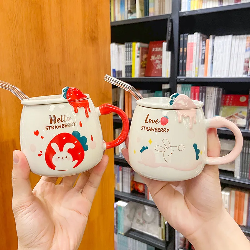 Cute cartoon Strawberry Rabbit straw ceramic cup,home Office Business Gift personality Cute milk juice coffee mug