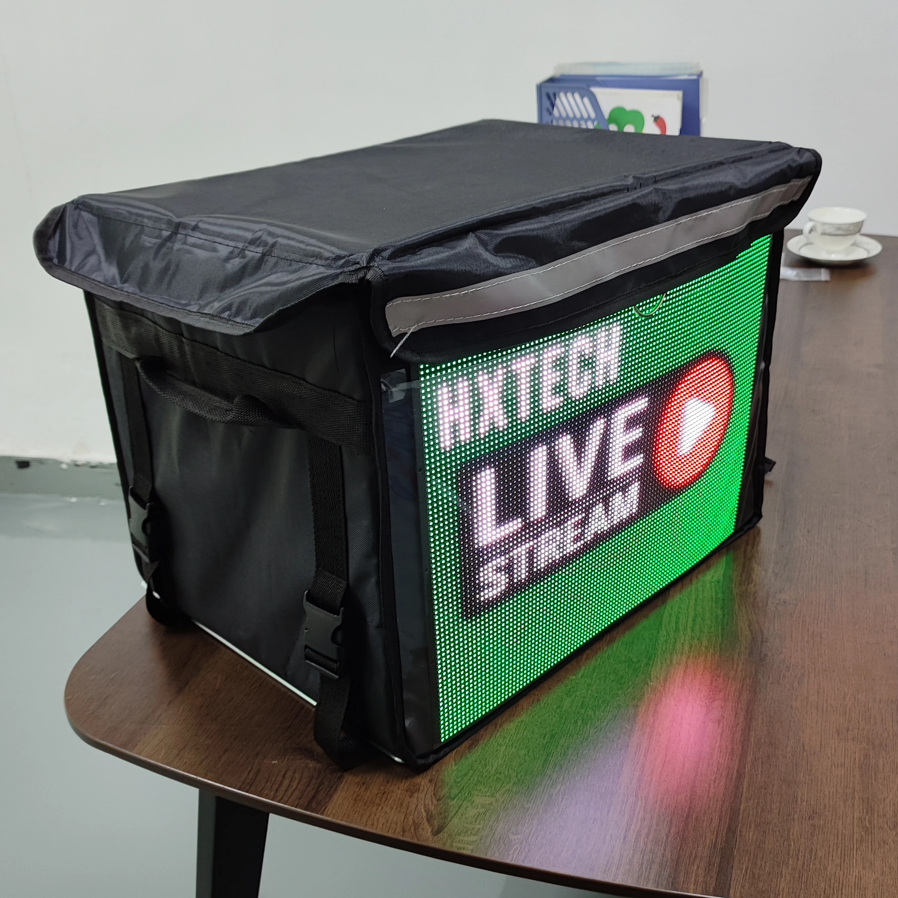 HXTECH 2023 New LED Display Screen Smart Advertising Take away Backpack LED Dynamic Display Takeout Box